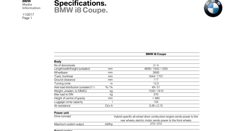 BMW i8 Coupé - specifications