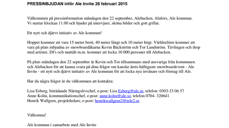 Pressinbjudan inför Ale Invite 28 februari 2015