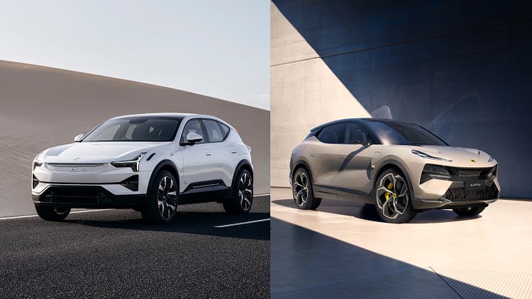 Båda de helt nya el-suvarna Polestar 3 (t.v.) och Lotus Eletre (t.h.) får premiär på eCarExpo i Göteborg den 2-4 december.