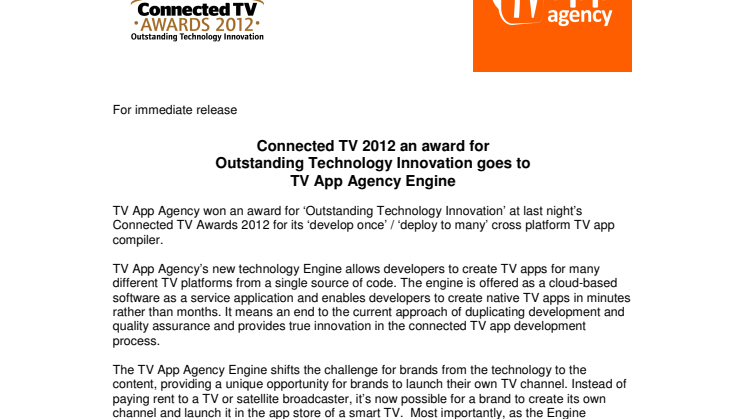 Connected TV 2012 an award for Outstanding Technology Innovation goes to TV App Agency Engine 