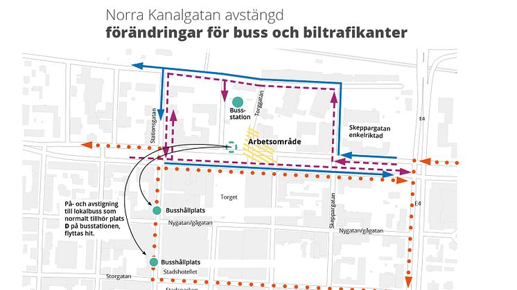 Kanalgatans norra körfält stängs av vid busstorget 3-21 april