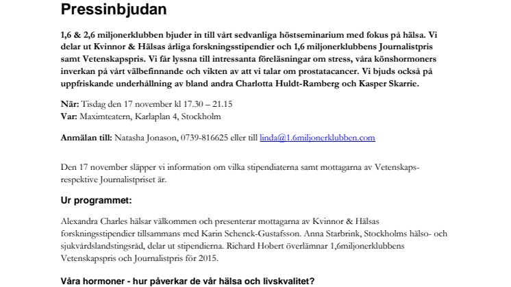 Seminarium Stockholm: Må bäst hela livet - om hormoner, stress, magen och cancer - det här vill du veta!