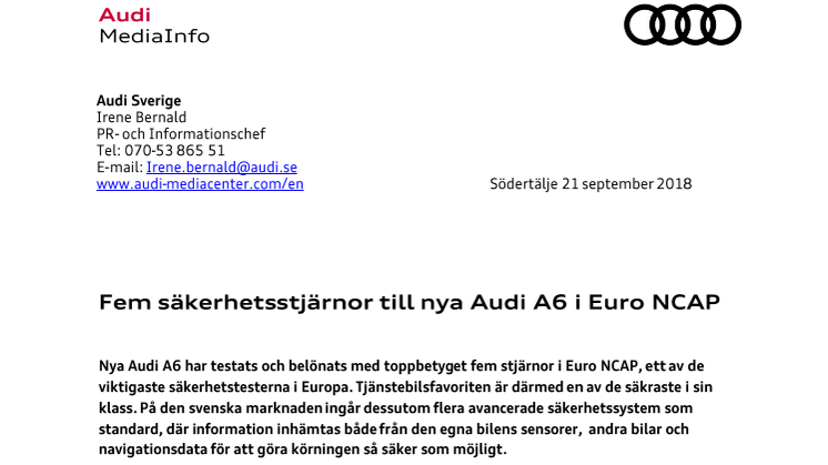 Fem säkerhetsstjärnor till nya Audi A6 i Euro NCAP