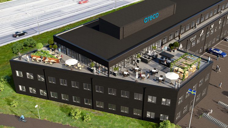 Arecos nya huvudkontor blir ett nytt landmärke utmed Västkustvägen och Spillepengen i Malmö. Två specialdesignade takterrasser berikas med gröna växter och blir en plats för både arbete och avkoppling. Bild: 3D-visualisering av Areco Properties