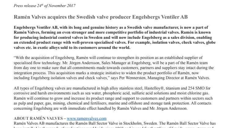 Ramén Valves acquires the Swedish valve producer Engelsbergs Ventiler AB