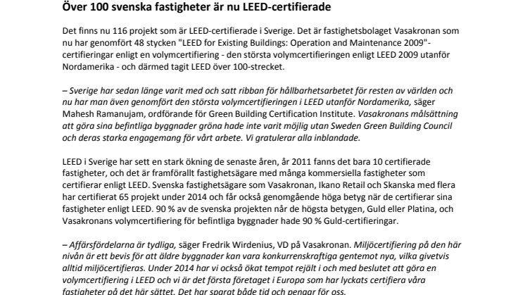 Över 100 svenska fastigheter är nu LEED-certifierade