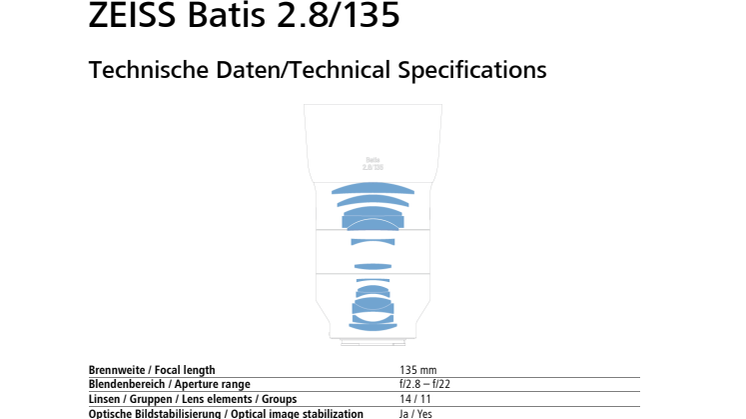 Zeiss Batis 135mm F/2,8, specification sheet