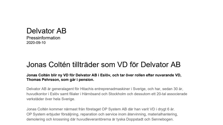 Jonas Coltén tillträder som VD för Delvator AB.