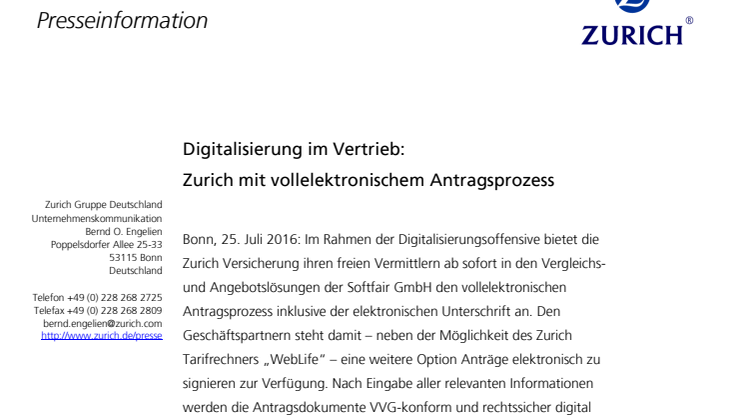 Digitalisierung im Vertrieb:  Zurich mit vollelektronischem Antragsprozess 