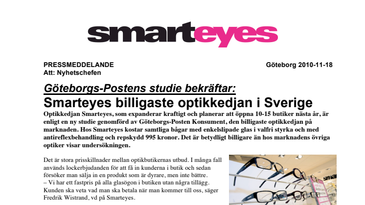 Göteborgs-Postens studie bekräftar: Smarteyes billigaste optikkedjan i Sverige 