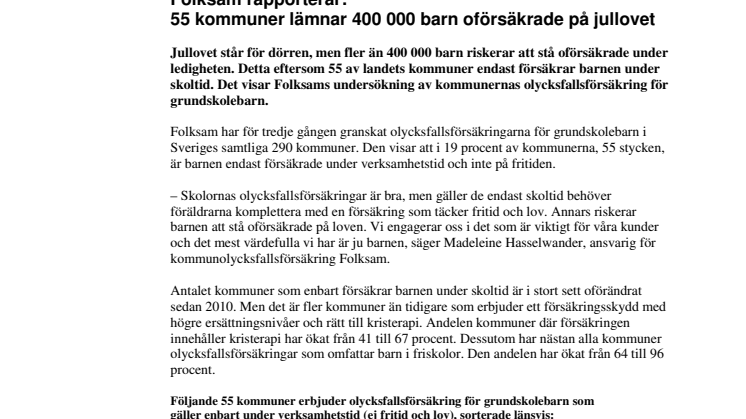 Folksam rapporterar: 55 kommuner lämnar 400 000 barn oförsäkrade på jullovet