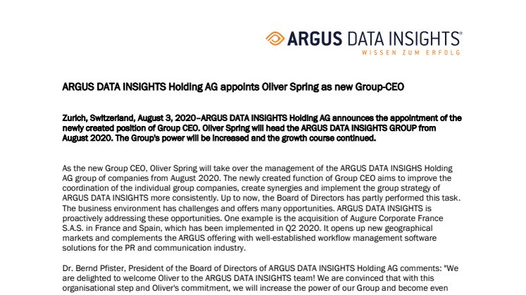 ARGUS DATA INSIGHTS Holding AG designiert Oliver Spring als neuen Group-CEO 