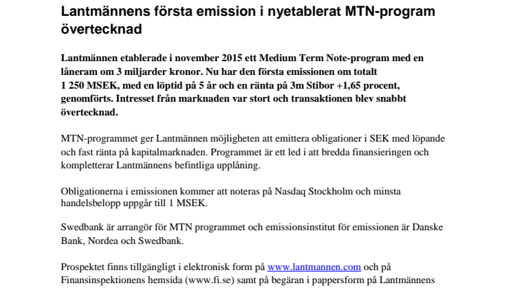 Lantmännens första emission i nyetablerat MTN-program övertecknad