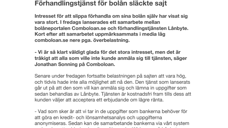 Förhandlingstjänst för bolån släckte sajt