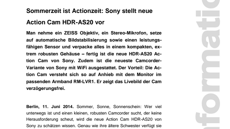 Sommerzeit ist Actionzeit: Sony stellt neue Action Cam HDR-AS20 vor