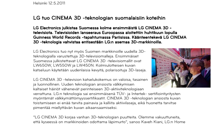 LG tuo CINEMA 3D -teknologian suomalaisiin koteihin