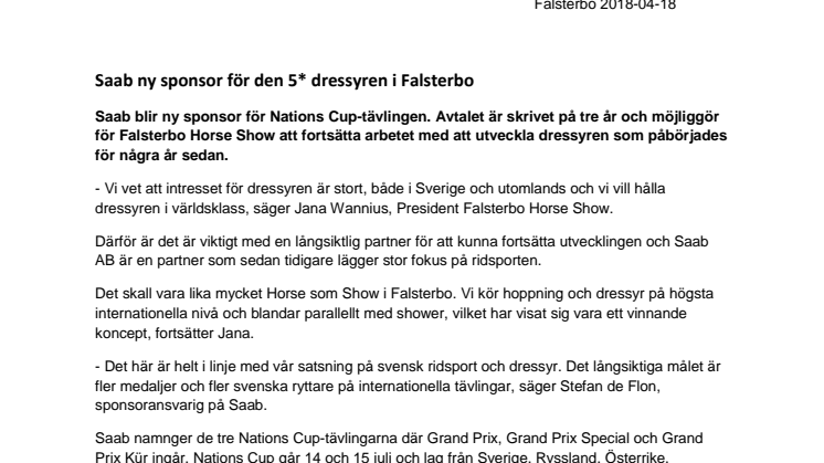 Saab ny sponsor för den 5* dressyren i Falsterbo