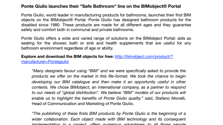 Ponte Giulio launches their "Safe Bathroom" line on the BIMobject® Portal