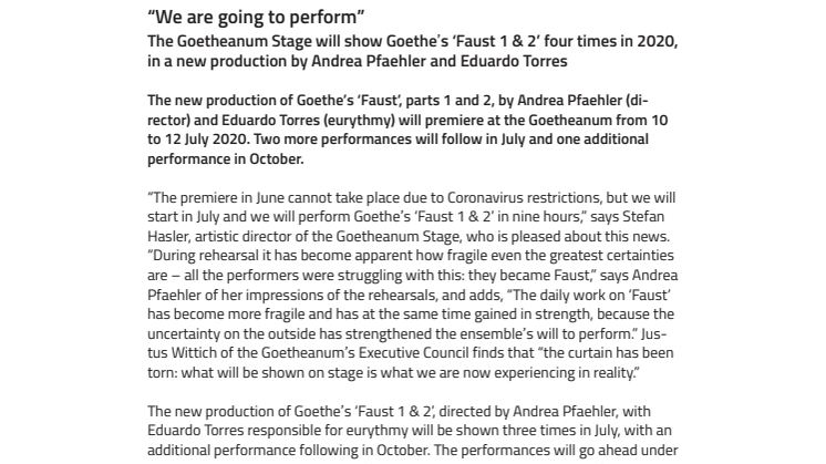 “We are going to perform”: The Goetheanum Stage will show Goethe’s ‘Faust 1 & 2’ four times in 2020, in a new production by Andrea Pfaehler and Eduardo Torres