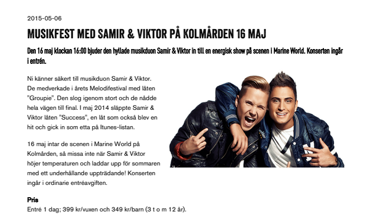 Evenemangstips - Musikfest med Samir & Viktor på Kolmården 16 maj