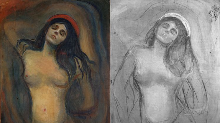 Left: Edvard Munch, "Madonna", Photo: Børre Høstland/The National Museum. Right: Infrared photograph shows underdrawings beneath the top layers in the painting. Photo: Børre Høstland/The National Museum