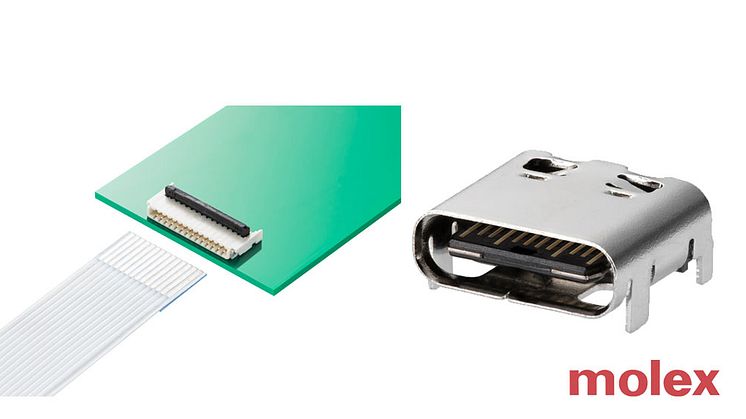 Konnektorerne fra Molex fås nu på Conrad Sourcing Platform – fra Easy-On FFC/FPC (venstre) til USB-C konnektorer (højre). Fotokilde: Molex