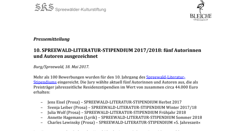 10. SPREEWALD-LITERATUR-STIPENDIUM 2017/2018: fünf Autorinnen und Autoren ausgezeichnet