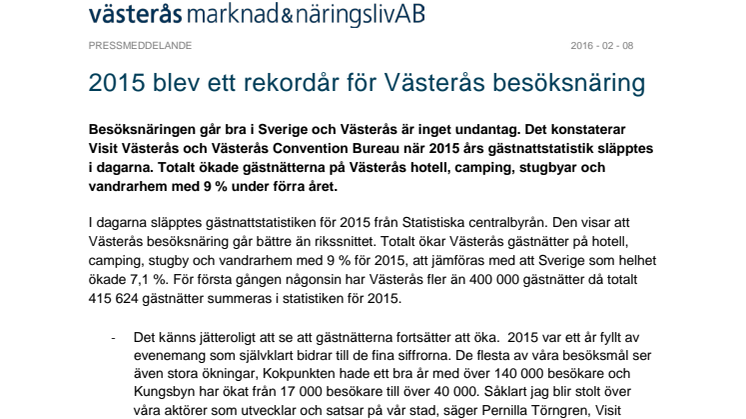 2015 blev ett rekordår för Västerås besöksnäring