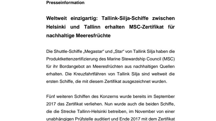 Weltweit einzigartig: Tallink-Silja-Schiffe zwischen Helsinki und Tallinn erhalten MSC-Zertifikat für nachhaltige Meeresfrüchte