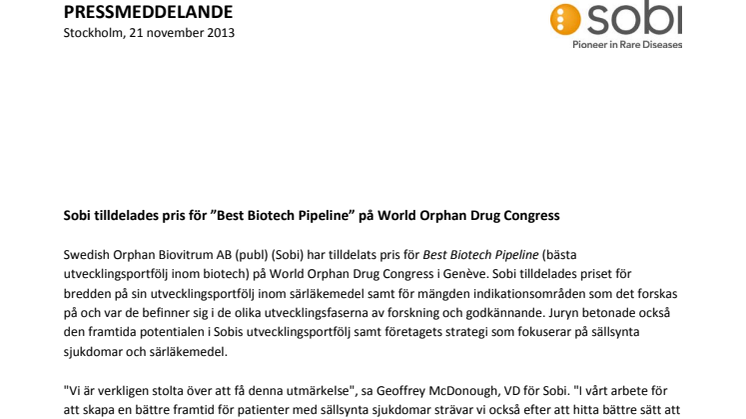 Sobi tilldelades pris för "Best Biotech Pipeline" på World Orphan Drug Congress