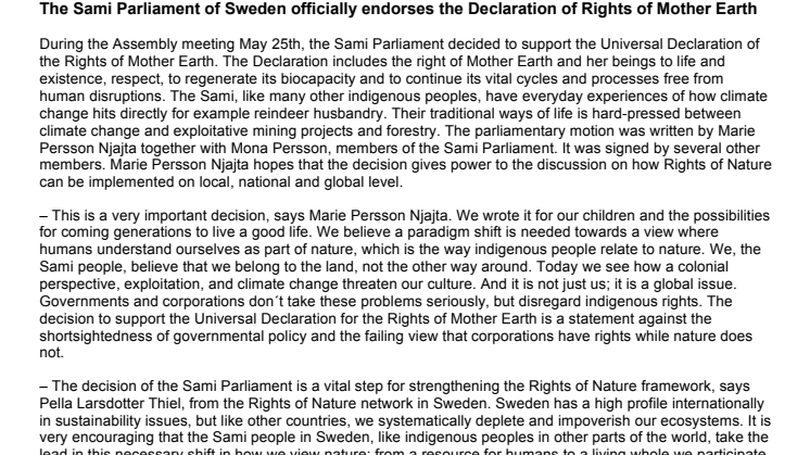 Sametinget ger stöd till Deklarationen om Moder Jords rättigheter!