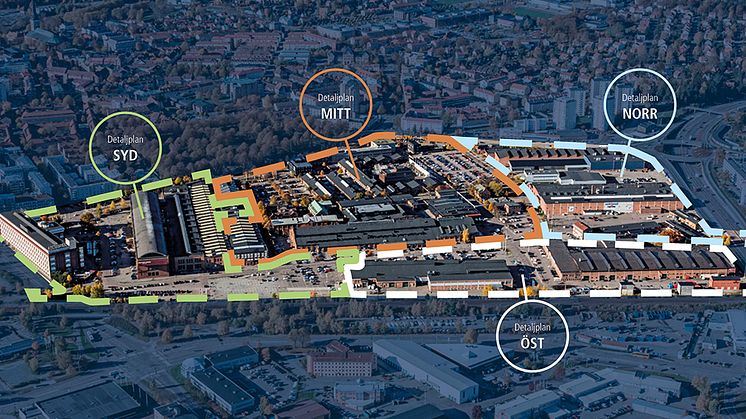 Karta över detaljplaneområden i Kopparlunden. Nu startar detaljplaneprocessen för öst. Illustration Västerås stad