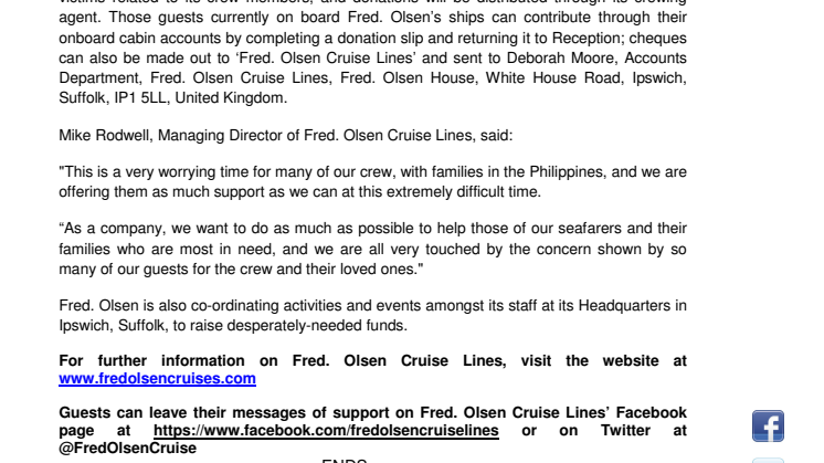 Fred. Olsen Cruise Lines supports Filipino crew members  affected by ‘Super Typhoon Haiyan’ 
