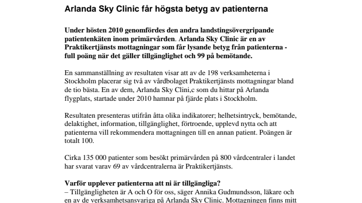 Arlanda Sky Clinic får högsta betyg av patienterna 