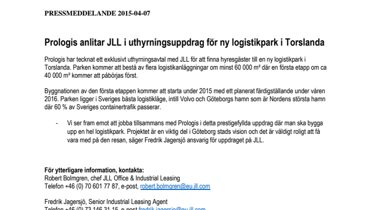 Prologis anlitar JLL i uthyrningsuppdrag för ny logistikpark i Torslanda
