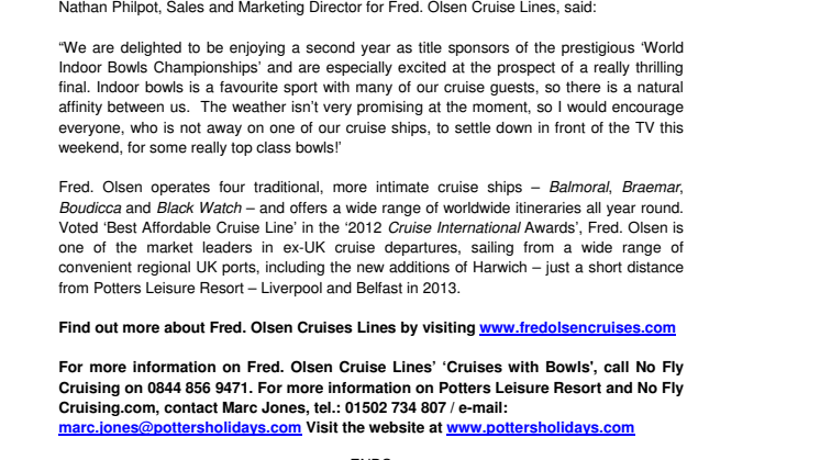 ‘Fred. Olsen Cruise Lines 2013 World Indoor Bowls Championships’ Finals Weekend