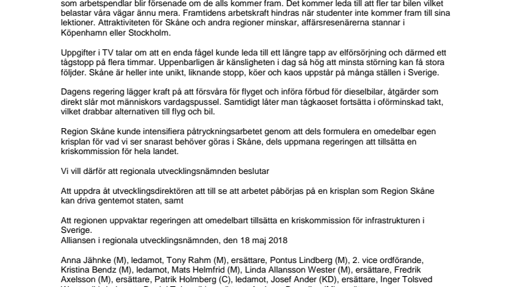 Initiativ från Alliansen i Skånes regionala utvecklingsnämnd mot tågkaoset