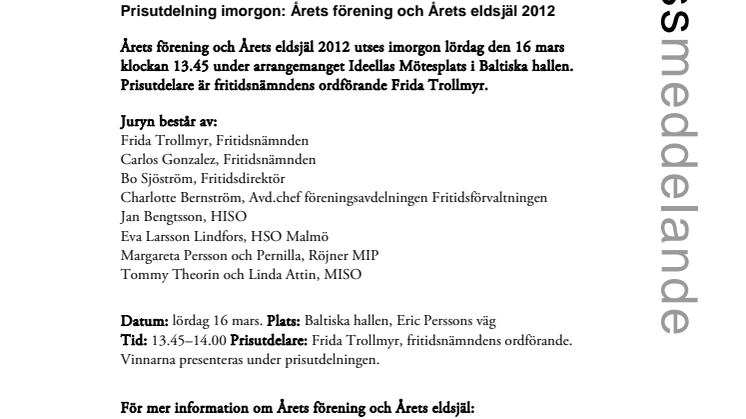 Prisutdelning imorgon: Årets förening och Årets eldsjäl 2012