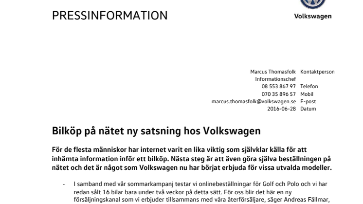 Bilköp på nätet ny satsning hos Volkswagen