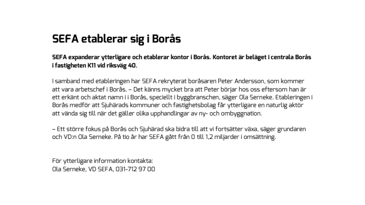 SEFA etablerar sig i Borås