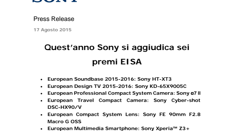 Quest’anno Sony si aggiudica sei premi EISA 