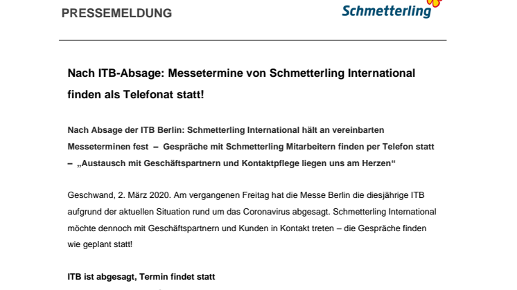 Nach ITB-Absage: Messetermine von Schmetterling International finden als Telefonat statt!