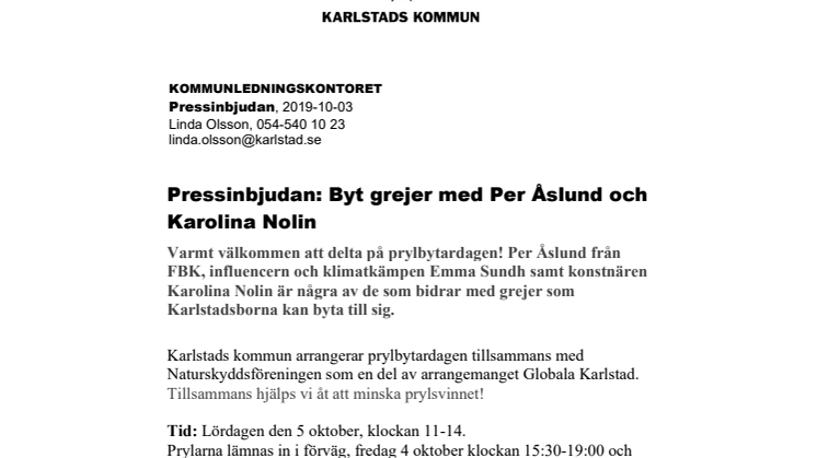 Pressinbjudan: Byt grejer med Per Åslund och Karolina Nolin