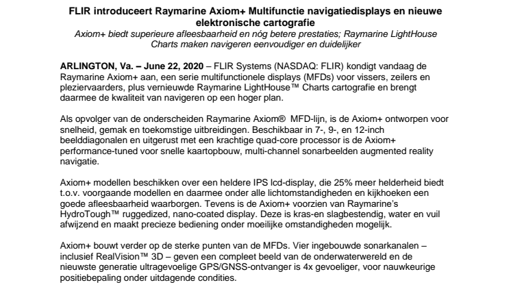 FLIR introduceert Raymarine Axiom+ Multifunctie navigatiedisplays en nieuwe elektronische cartografie