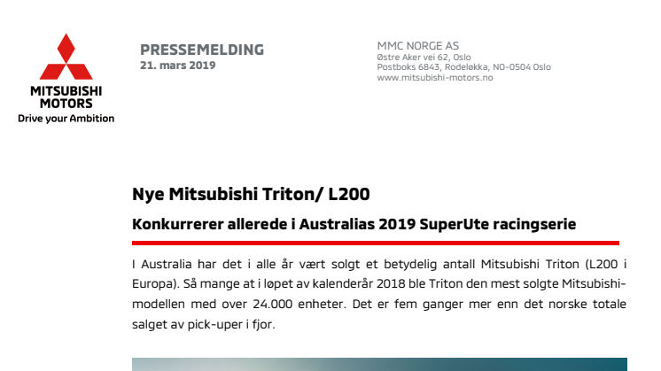 Nye Mitsubishi Triton/L200 - konkurrerer allerede i Australias 2019 SuperUte racingserie