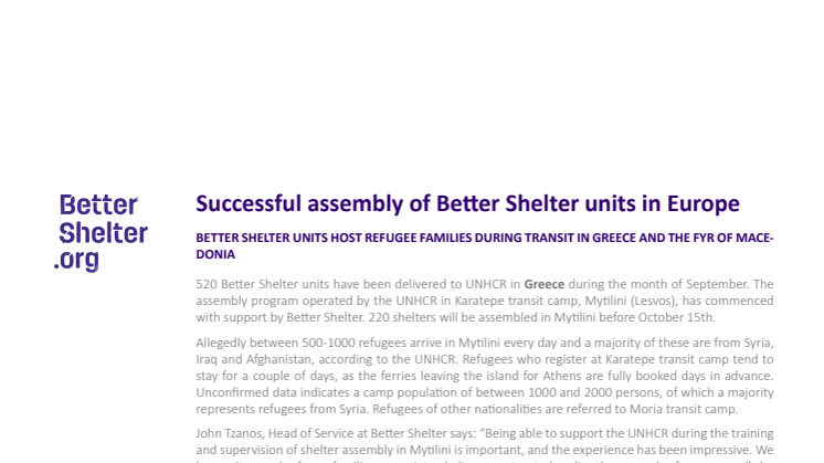 ​Successful assembly of Better Shelter units in Europe