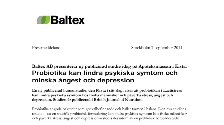 Baltex AB presenterar ny publicerad studie idag på Apoteksmässan i Kista: Probiotika kan lindra psykiska symtom och minska ångest och depression 