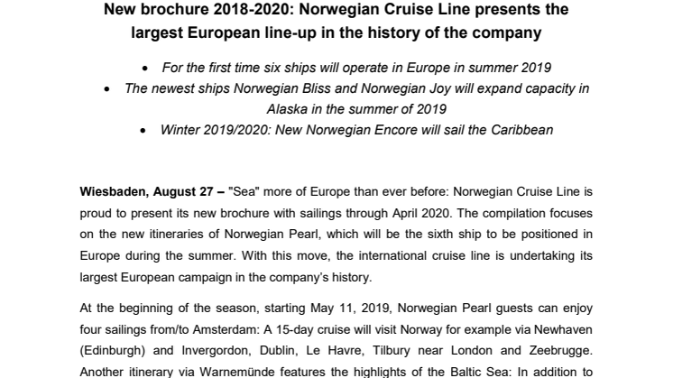 New brochure 2018-2020: Norwegian Cruise Line presents the largest European line-up in the history of the company 