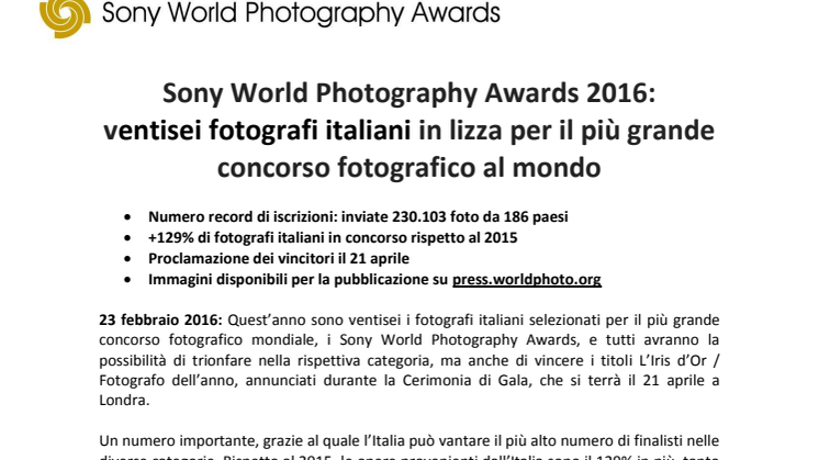 Sony World Photography Awards 2016:  ventisei fotografi italiani in lizza per il più grande concorso fotografico al mondo 