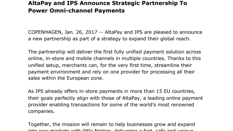 AltaPay and IPS Announce Strategic Partnership To Power Omni-channel Payments